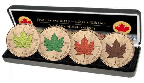 FOUR SEASONS SET - Canadian Maple Leaf - 2016 4 oz - 4 x 1 oz Pure Silver Coins - Full 24K Gild and Color -  Classic Edition