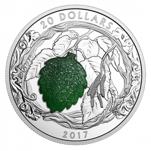 BRILLIANT BIRCH LEAVES WITH DRUSY STONE - 2017 $20 1 oz Pure Silver Coin - RCM