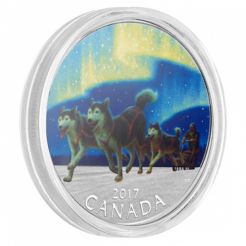 *DOG SLEDDING UNDER THE NORTHERN LIGHTS - 2017 $10 1/2 oz Fine Silver Coin