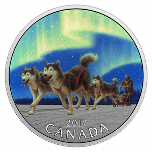 DOG SLEDDING UNDER THE NORTHERN LIGHTS - 2017 $10 1/2 oz Fine Silver Coin