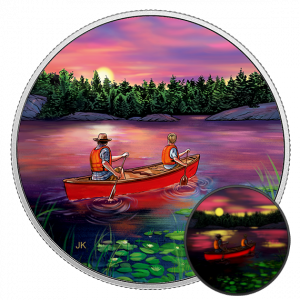 SUNSET CANOEING - GREAT CANADIAN OUTDOORS - GLOW IN THE DARK - 2017 $15 3/4 oz Fine Silver Coin - Royal Canadian Mint