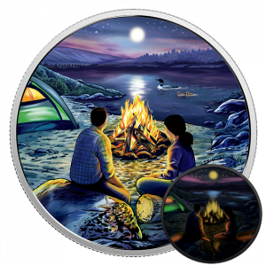 AROUND THE CAMPFIRE - GREAT CANADIAN OUTDOORS - GLOW IN THE DARK - 2017 $15 3/4 oz Fine Silver Coin - Royal Canadian Mint