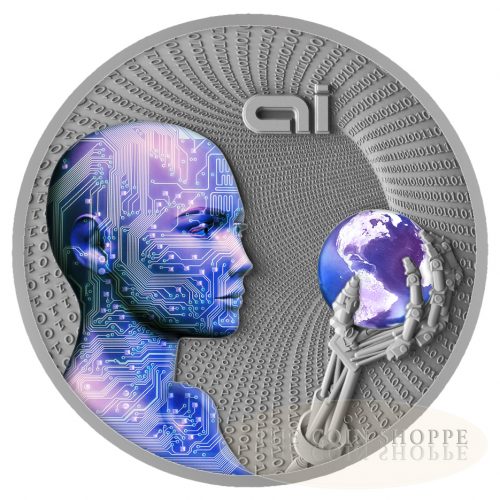 ARTIFICIAL INTELLIGENCE - AI - CODE OF THE FUTURE - 2016 2 oz Pure Silver Coin - Antique Finish - UV Fluorescent Printing - Mint of Poland
