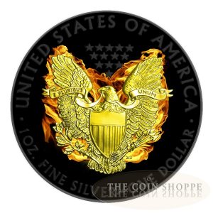 BURNING PHOENIX - 2015 1 oz $1 American Silver Eagle Coin - Ruthenium Finish and 24K Gold Gilding