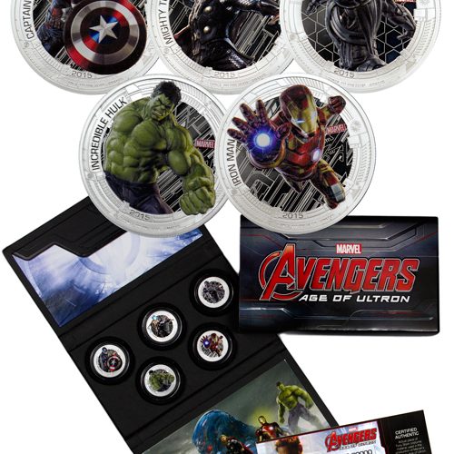 MARVEL AVENGERS - AGE OF ULTRON - 2015 5-Coin 1 oz Proof Color Silver Coins with Actual Piece of Iron Man's Costume COA