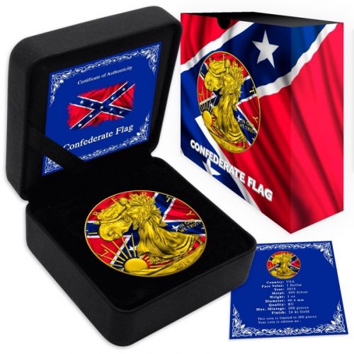 ** FREE SHIPPING TO USA & CANADA ** CONFEDERATE FLAG - US SILVER EAGLE - 2016 1 oz Pure Silver Coin - Color and 24K Gilding