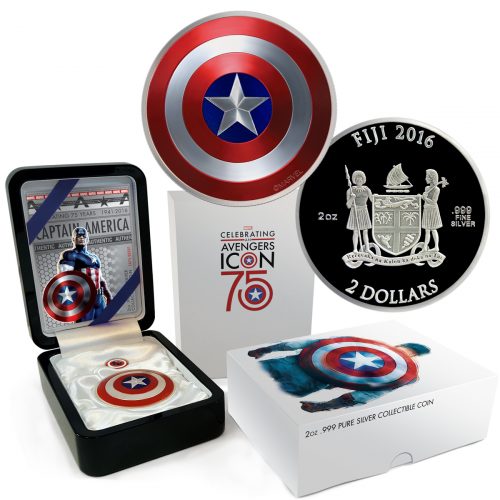 CAPTAIN AMERICA SHIELD - 75TH ANNIVERSARY - 2016 2 oz Proof Silver Domed Coin - Fiji