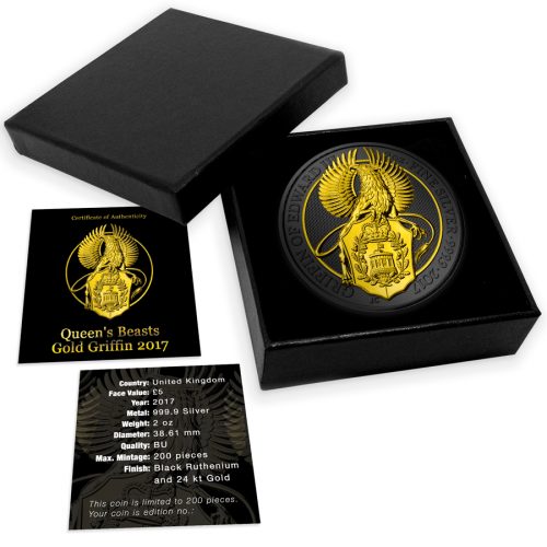 ** FREE SHIPPING ** THE QUEEN'S BEASTS - GRIFFIN - 2017 2 oz Silver Coin in Capsule - Black Ruthenium and 24K Gold Plating