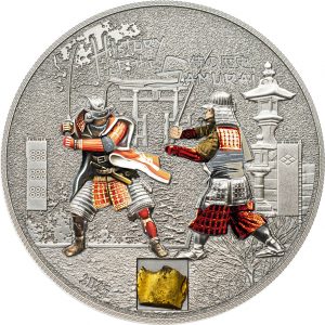 2015 1 oz Pure Silver Coin - History of the Samurai with Authentic Piece of Samurai