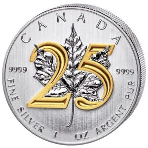 2013 1 oz Silver Coin - Maple Leaf 25th Anniversary - Gilded 2nd Edition