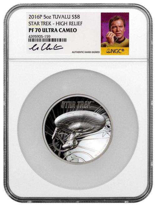 U.S.S. ENTERPRISE NCC-1701 - STAR TREK: THE ORIGINAL SERIES - NGC PF70 UC (William Shatner Signed Label) - NGC OVERSIZE HOLDER - 2016 5 oz Silver Proof High Relief Coin