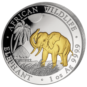 OFFICIAL SOMALIA SILVER ELEPHANT - 2017 1 oz Pure Silver 24K Gold Gilded Coin in Capsule