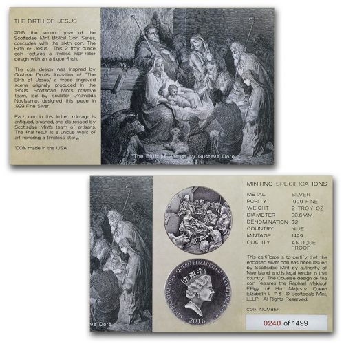 THE BIRTH OF JESUS - THE NATIVITY - 2016 2 oz Silver Coin - Biblical Series - Scottsdale Mint - Niue