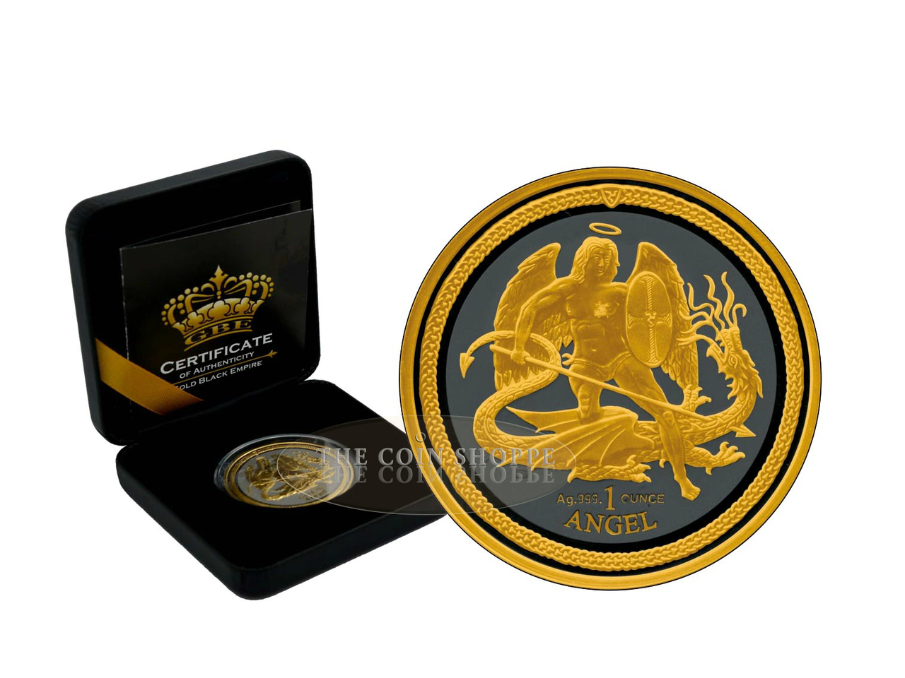 ISLE OF MAN - ANGEL - GOLD BLACK EMPIRE - 2016 1 oz Silver Coin - Black Rhodium and Selective 24K Gold