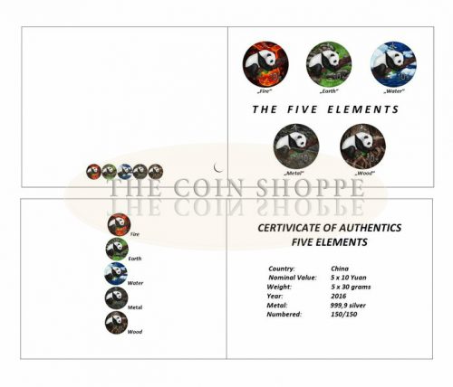 PANDA - THE FIVE ELEMENTS - FIRE, EARTH, WATER, METAL, WOOD - 2016 5 x 30g Pure Silver Coins in Presentation Box