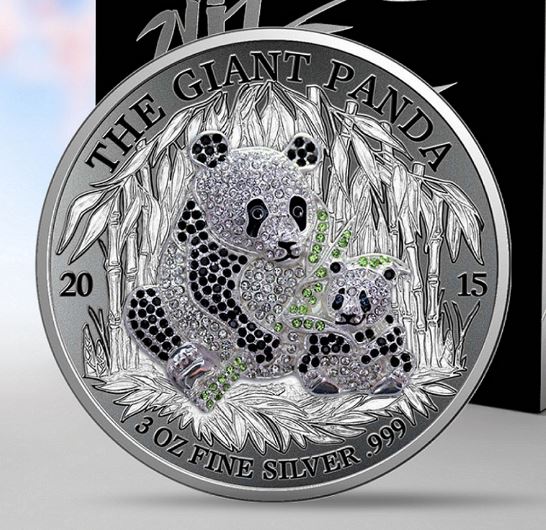 THE GIANT PANDA - PAVE - 311 x CZECH STONES - 2015 3 oz Pure Silver Coin - Rwanda