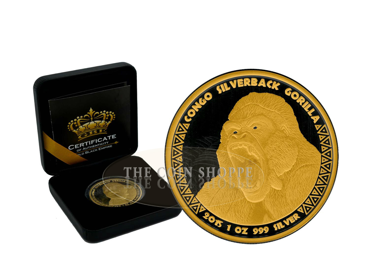 CONGO SILVERBACK GORILLA - GOLD BLACK EMPIRE - 2015 1 oz Silver Coin - Black Rhodium and Selective 24K Gold