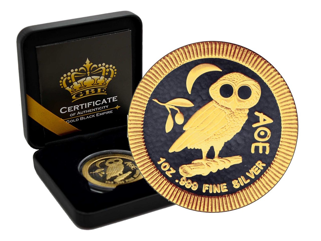 ATHENA OWL - GOLD BLACK EMPIRE - 2017 1 oz Silver Coin - Black Rhodium and Selective 24K Gold -NIUE