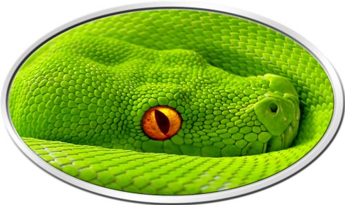 GREEN TREE PYTHON - LENTICULAR FLIP EYE - XL RELIEF - 2016 1 oz Pure Silver Coin - Digital Printing 5C on High Relief - Niue Island