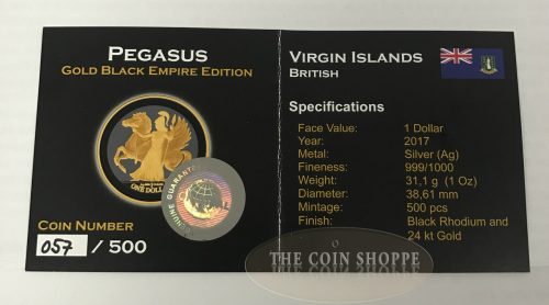 PEGASUS - GOLD BLACK EMPIRE - 2017 1 oz British Virgin Islands Silver Coin - Black Rhodium and Selective 24K Gold