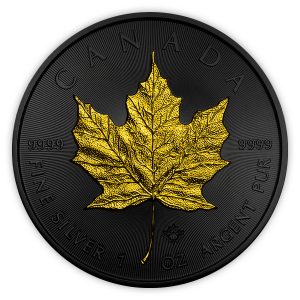 MAPLE LEAF - FULL RUTHENIUM - DOUBLE SIDE 24K GOLD GILDING - 2017 1 oz Pure Silver Coin in Capsule