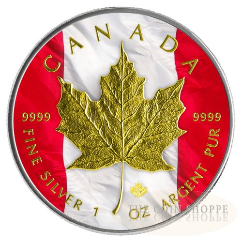 2014 1 oz $5 Fine Silver Coin - Canadian "Patriotic Maple Leaf Flag" Color and 24K Gold Finish