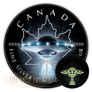 UFO - GLOW IN THE DARK - 2017 1 oz Pure Silver Maple Leaf Coin - Black Ruthenium, Color, and Glow in the Dark Technology