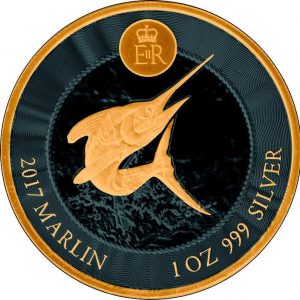 MARLIN - GOLD BLACK EMPIRE - 2017 1 oz Silver Coin - Black Rhodium and Selective 24K Gold - Cayman Islands