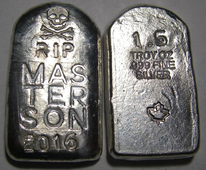 MASTERSON - RIP - SKULL LOGO - TOMBSTONE - 2016 1.5 oz HAND POURED .999 Silver Bar