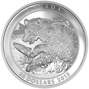 2015 $20 1 oz Fine Silver Coin - Grizzly Bear Series: The Catch