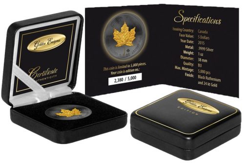 2015 1 oz Canadian Silver Coin - Golden Enigma - Maple Leaf - Silver & Ruthenium & Gold Plated