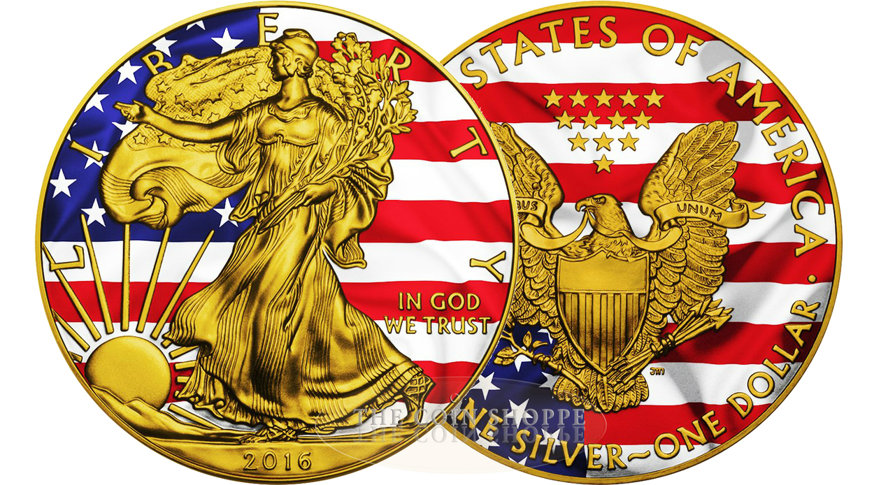 PATRIOTIC LIBERTY FLAG - 2016 1 oz American Silver Eagle Coin - Color and 24K Gold on Obverse and Reverse