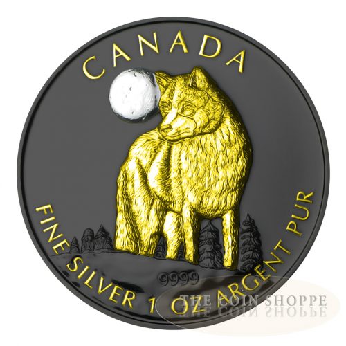 2011 1 oz Fine Silver Coin - Wildlife at Night - The Wolf - Ruthenium Finish and 24K Gold