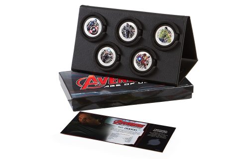 MARVEL AVENGERS - AGE OF ULTRON - 2015 5-Coin 1 oz Proof Color Silver Coins with Actual Piece of Iron Man's Costume COA