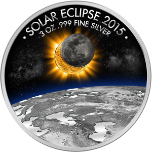 ECLIPSE OF THE SUN - 2015 3 oz Fine Silver Coin - Partly Colored and Gold Plated