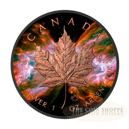 BUTTERFLY NEBULA MAPLE - SPACE COLLECTION SERIES - 2016 1 oz $5 Fine Silver Maple Leaf Coin - Ruthenium Finish and Rose Gold Gilding