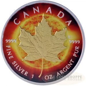 2014 1 oz Silver Coin - Maple Leaf - Color and 24K Gold Plating - Sun Edition