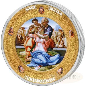 DONI TONDO - MICHELANGELO -Perfection of Art Series - 2016 2 oz Pure Silver Proof Color Coin with 24K Gold Gilding