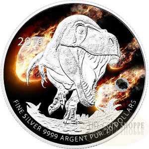 TYRANNOSAURUS (T-REX) with Ancient Iron Meteorite - 2016 $20 Pure Silver Color Coin