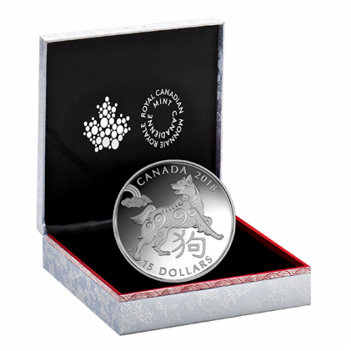 *YEAR OF THE DOG - 2018 $15 1 oz Fine Silver Coin - Royal Canadian Mint