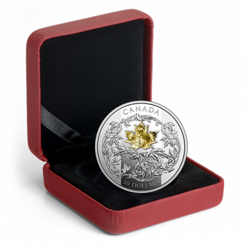 *GOLDEN MAPLE LEAF - 2018 $30 2 oz Fine Silver Coin with 1 Gram 18K Gold - Royal Canadian Mint