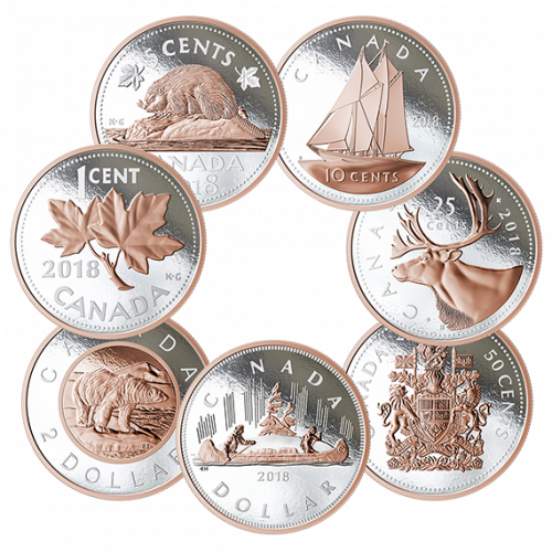 *BIG COIN SERIES SUBSCRIPTION: VOYAGEUR - DOLLAR, CARIBOU - 25 CENTS, BLUENOSE - 10 CENTS , BEAVER - 5 CENTS, COAT OF ARMS - 50 CENTS, POLAR BEAR - 2 DOLLARS, MAPLE LEAF - 1 CENT - 2018 5-OUNCE Fine Silver Coin - Royal Canadian Mint