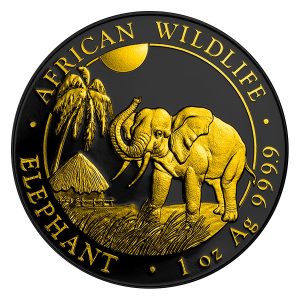 AFRICAN ELEPHANT - 2017 Somalian 1 oz Pure Silver Coin - Black Ruthenium and 24K Gold Plating