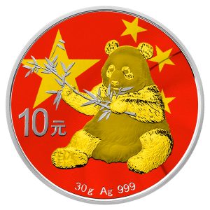 CHINESE FLAG SILVER PANDA - 2017 30 grams Pure Silver Coin - Special Color Printing and 24K Gold