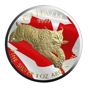 LYNX - CANADA FLAG - 2017 1 oz Pure Silver Canadian Coin - Color and 24K Gold Gilding