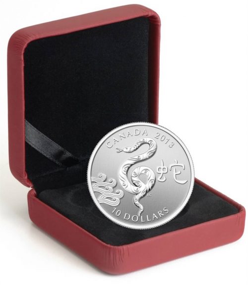 *YEAR OF THE SNAKE - 2013 $10 1/4 oz  Fine Silver Coin - Royal Canadian Mint