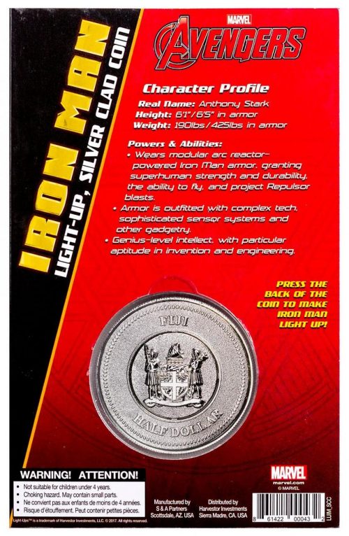 IRONMAN - MARVEL LIGHT-UPS - ILLUMINATING COIN SERIES - 2017 Silver Plated $0.50 Coin - Fiji