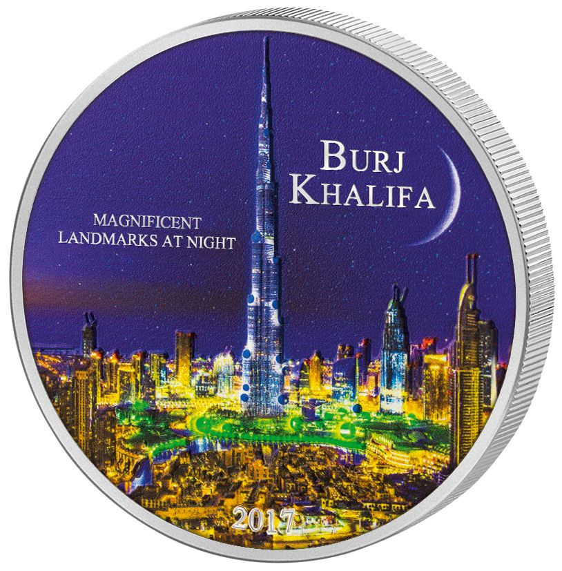 BURJ KHALIFA - LANDMARKS AT NIGHT - 2017 2 oz Pure Silver Coin - Ultra Violet Color Printing