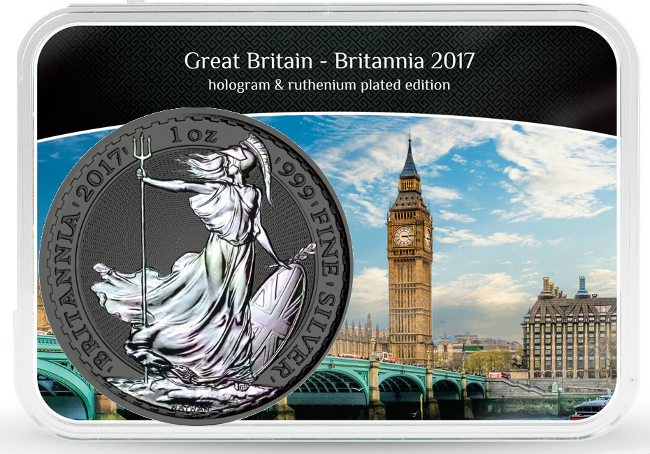 BRITANNIA - UK - 2017 1 oz Pure Silver Coin - Hologram & Black Ruthenium in Acrylic (Epalux) Case