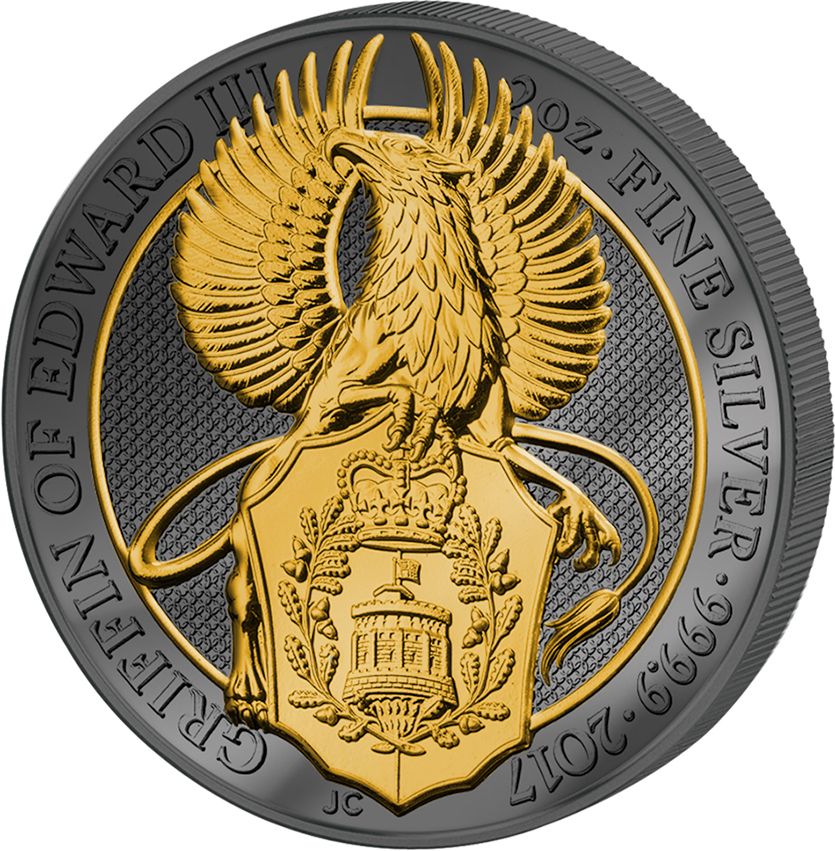 GRIFFIN - QUEEN'S BEASTS - GOLDEN ENIGMA - 2017 2 oz Pure Silver Coin - Ruthenium and 24K Gold Plating